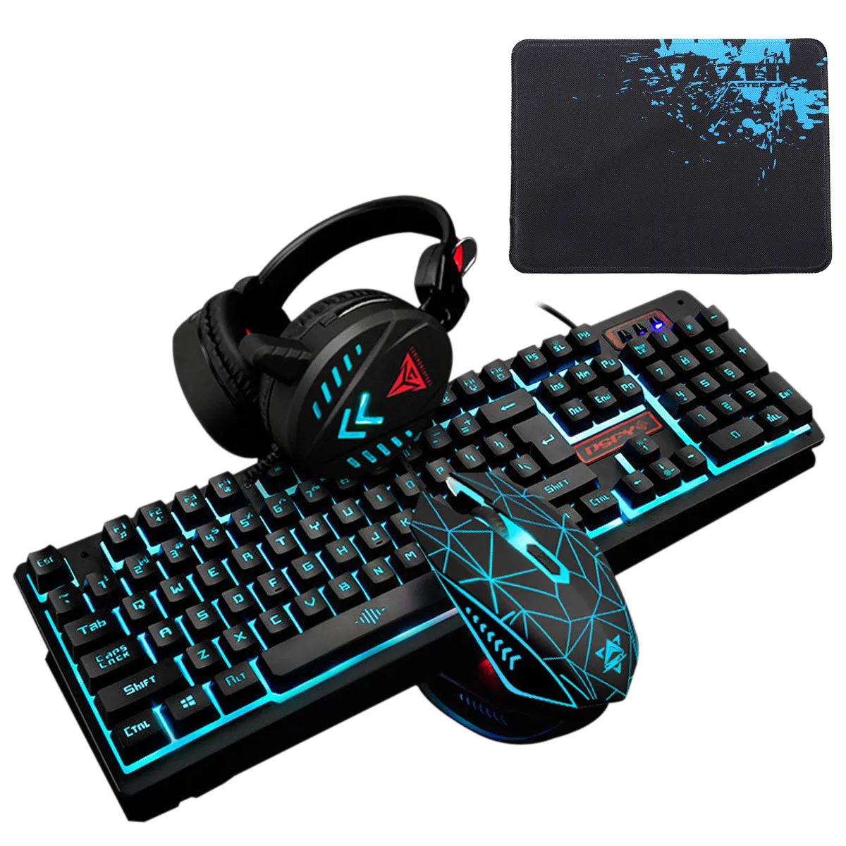 104 Keys Gaming Keyboard Waterproof design USB Wired Multimedia RGB Backlit and LED Gaming Headphone and 3200DPI LED Gaming Mouse Sets with Mouse Pad