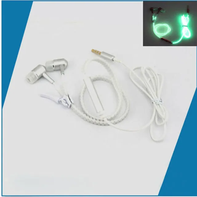 1.2m Earphones Luminous Headphones with Microphone Metal Zipper Glowing in the Dark 3.5mm for Iphone Samsung Xiaomi Headset