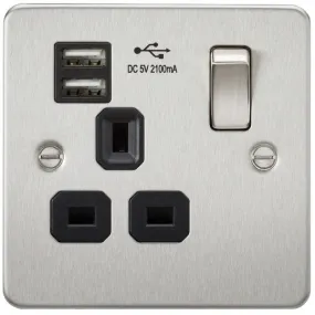 13A 1G Flat Plate Switched Socket and Dual USB Chargers with Black Inserts