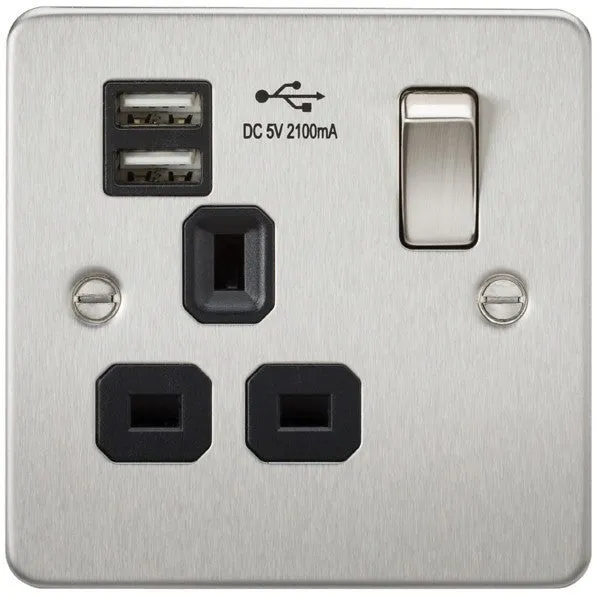 13A 1G Flat Plate Switched Socket and Dual USB Chargers with Black Inserts