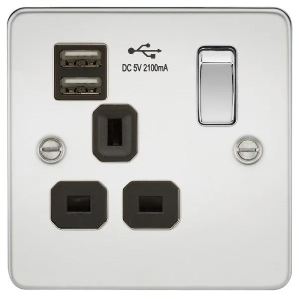 13A 1G Flat Plate Switched Socket and Dual USB Chargers with Black Inserts