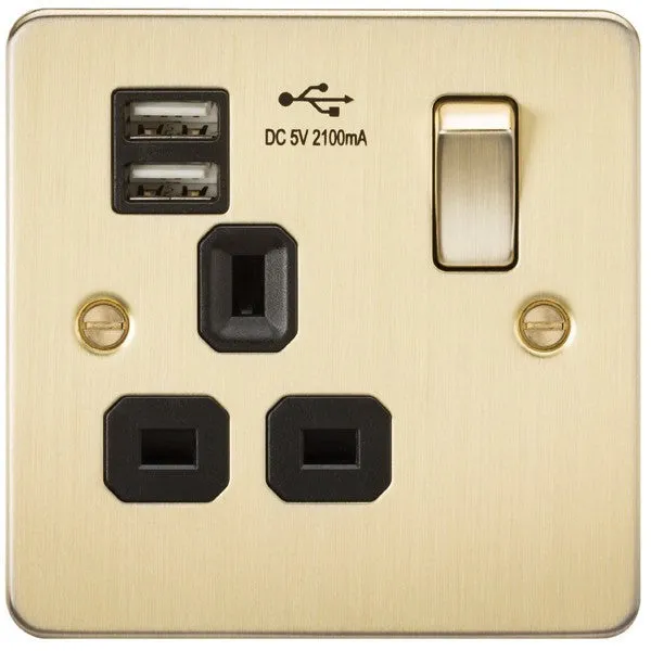 13A 1G Flat Plate Switched Socket and Dual USB Chargers with Black Inserts