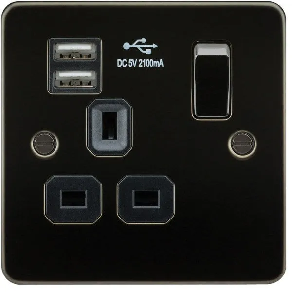 13A 1G Flat Plate Switched Socket and Dual USB Chargers with Black Inserts