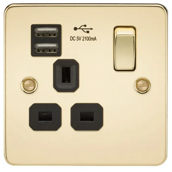 13A 1G Flat Plate Switched Socket and Dual USB Chargers with Black Inserts