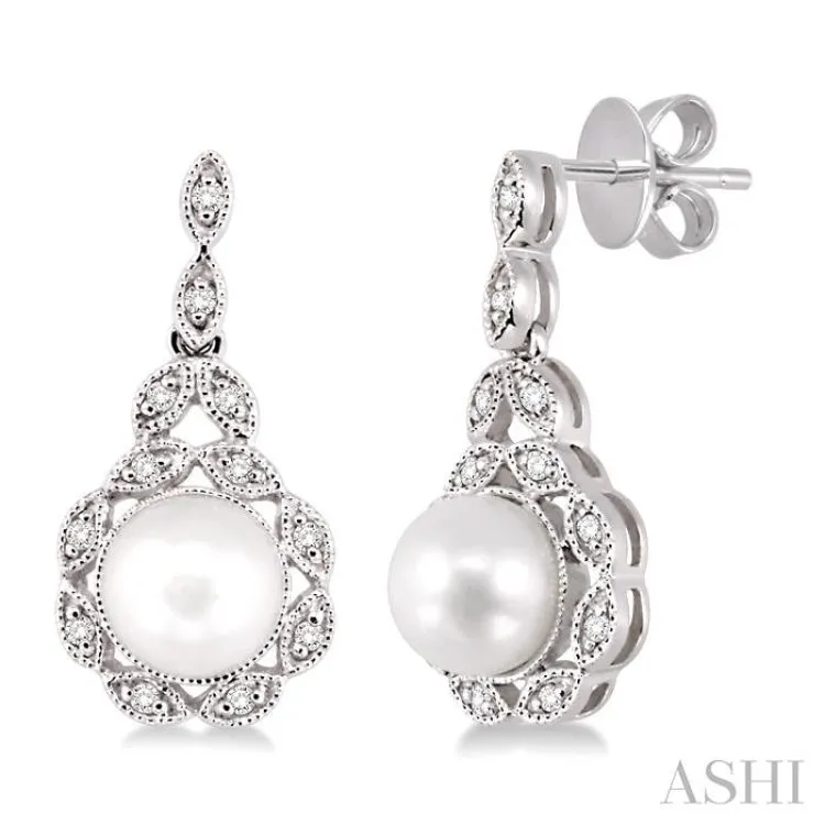 1/8 ctw Cutwork Marquise Halo 6X6  MM Cultured Pearl and Round Cut Diamond Fashion Earring in 14K White Gold