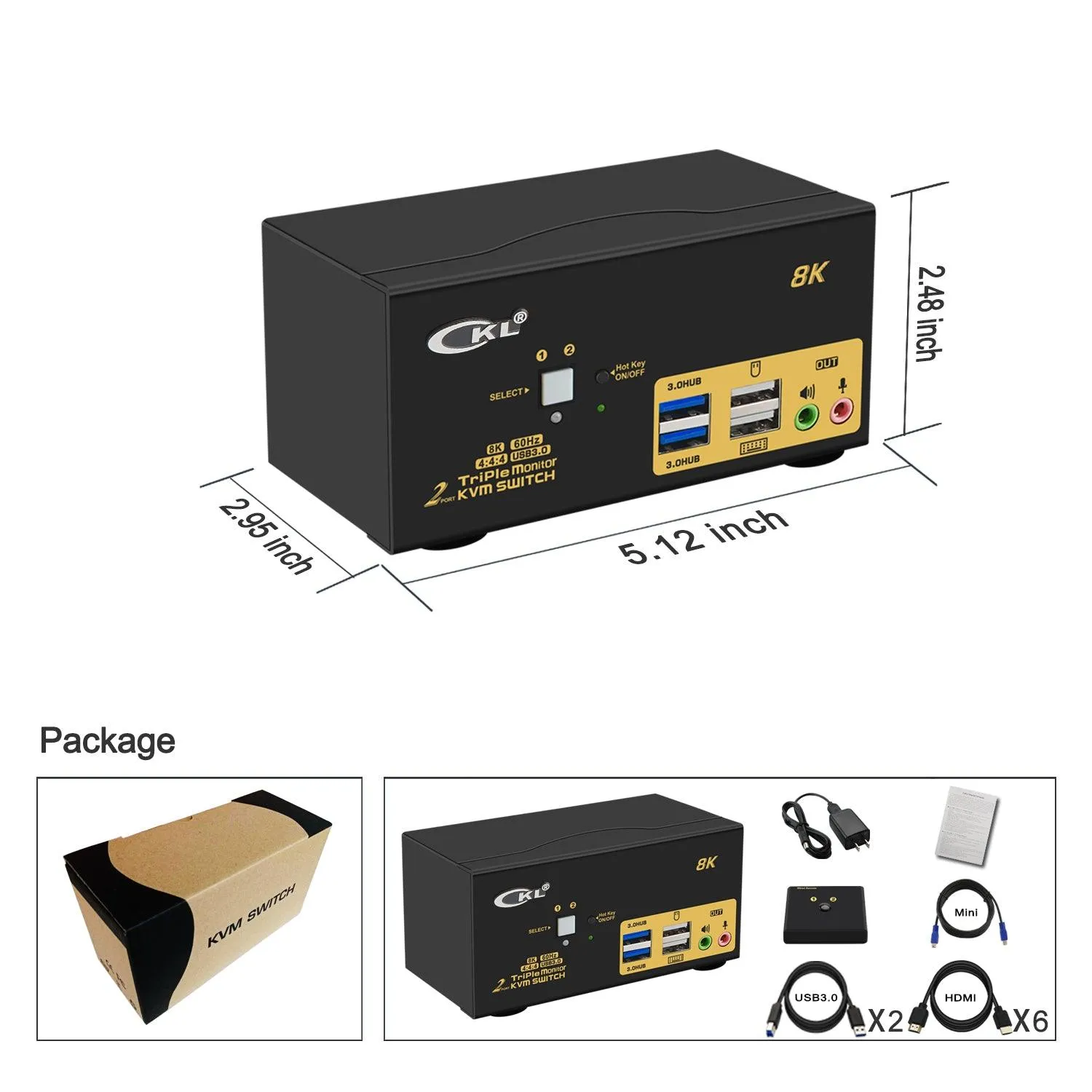 2 Port USB 3.0 KVM Switch Triple Monitor HDMI 2.1 8K@60Hz 4K@144Hz for 2 Computers 3 Monitors CKL-923HUA-4