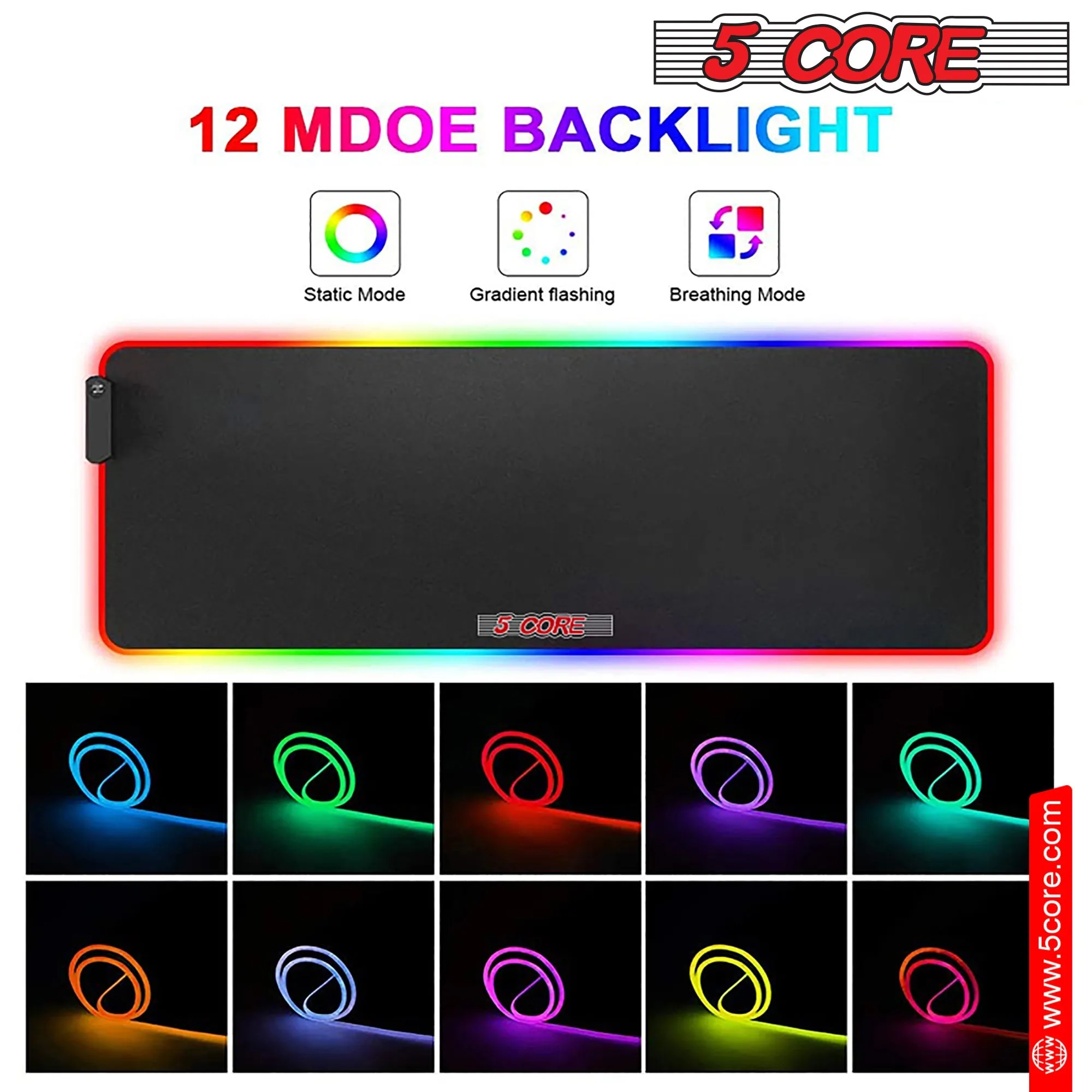 5Core RGB Mouse Pad 12 Light Modes Soft Padded Large Gaming Keyboard