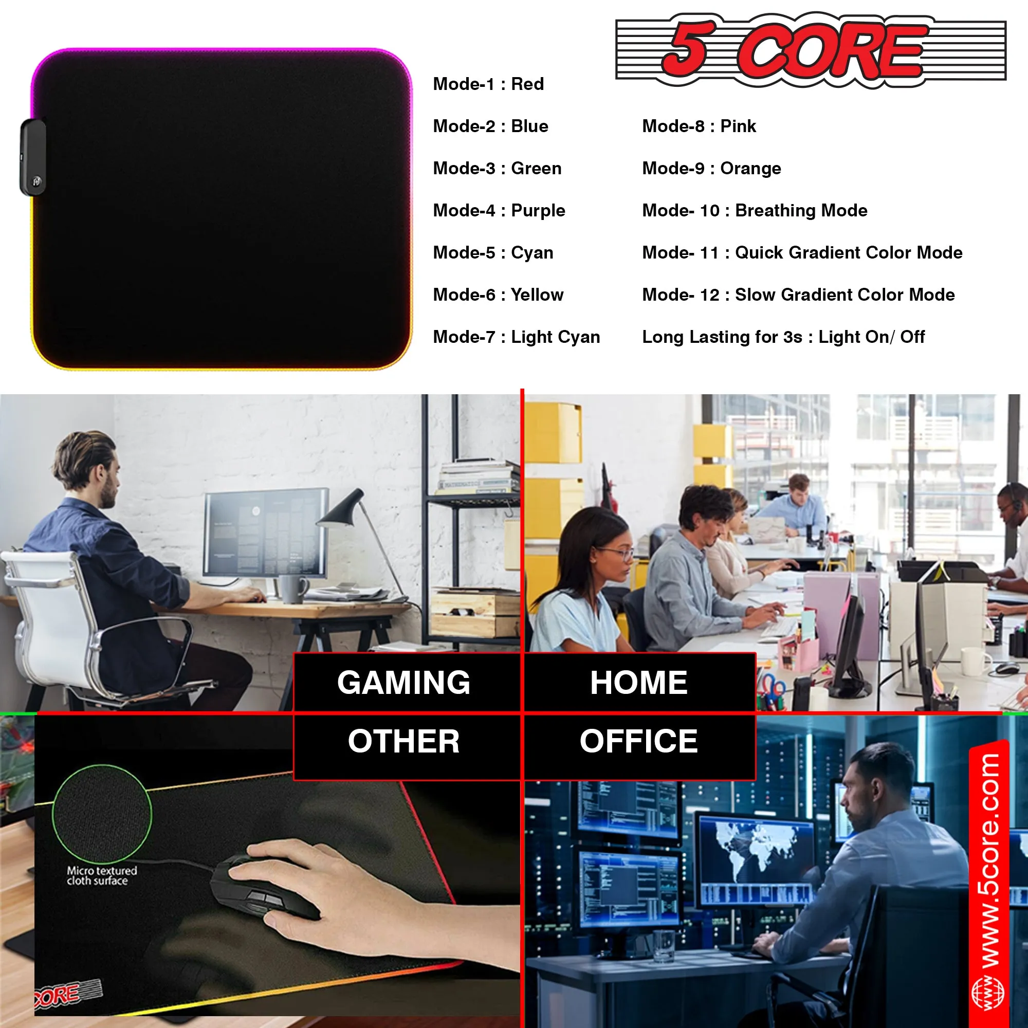 5Core RGB Mouse Pad 12 Light Modes Soft Padded Large Gaming Keyboard