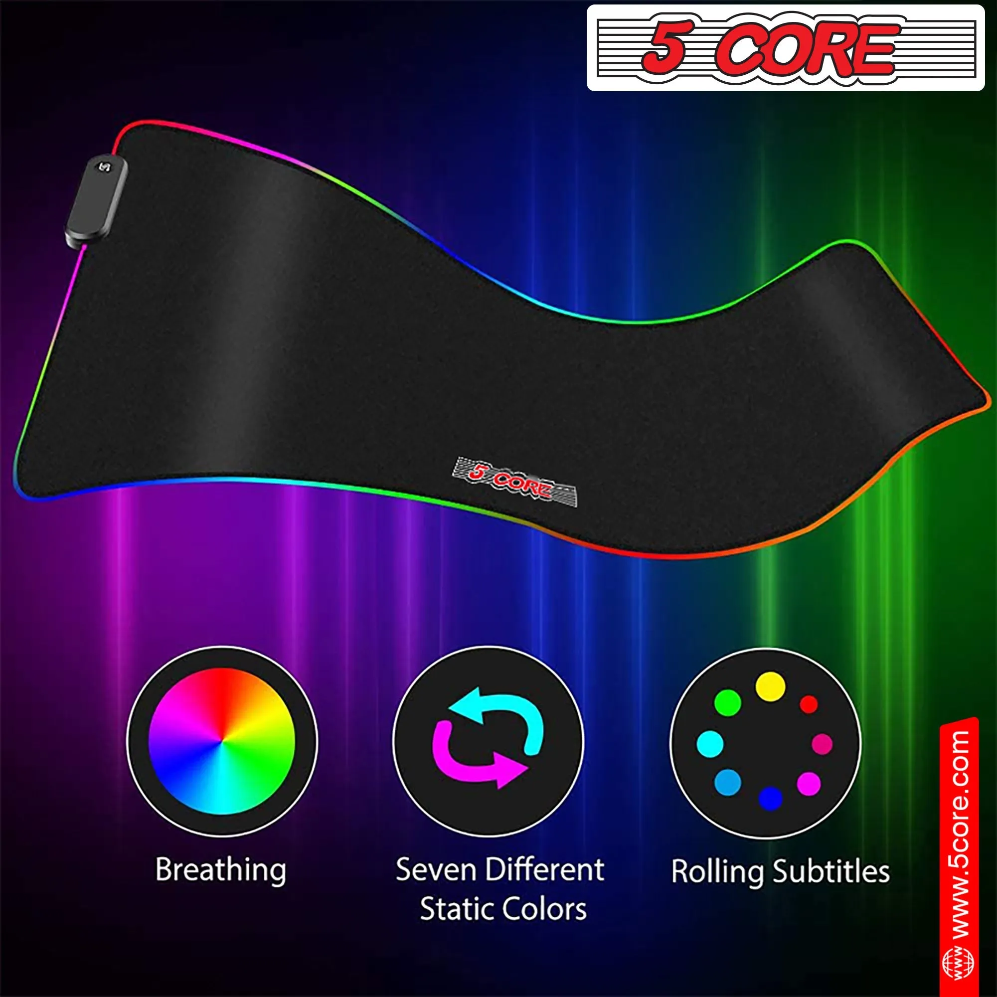 5Core RGB Mouse Pad 12 Light Modes Soft Padded Large Gaming Keyboard