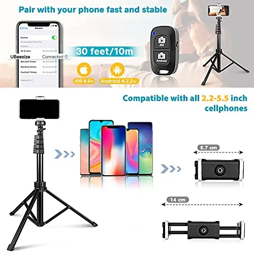 62" Phone Tripod Accessory Kits, Aureday Camera & Cell Phone Tripod Stand with Wireless Remote and Universal Tripod Head Mount, Perfect for Selfies/Video Recording/Vlogging/Live Streaming