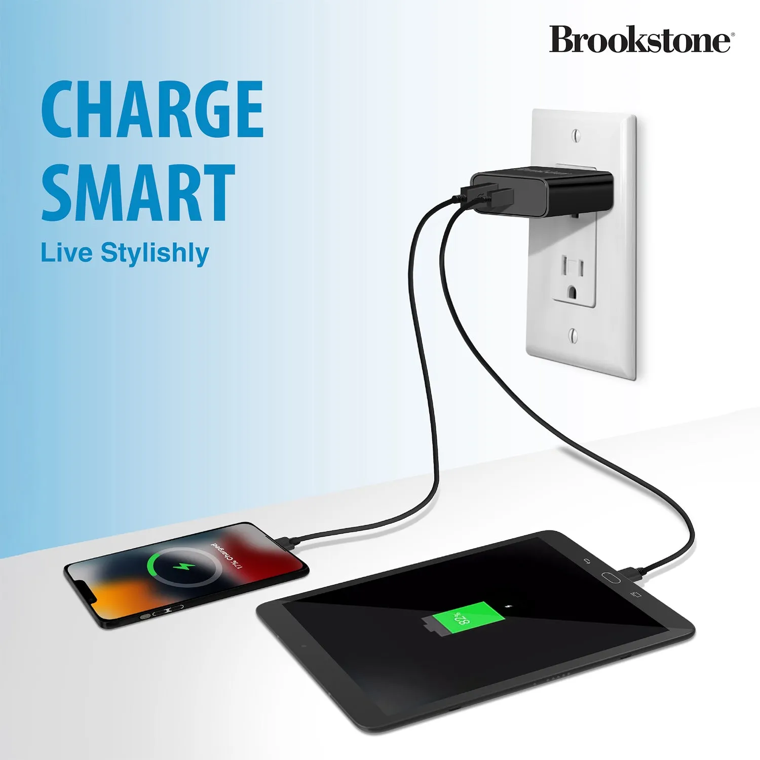 Brookstone Dual Port Fast Charging Adapter with 1 USB Type C & 1 USB A 20W Rapid Wall Charger For iPhone, Tablet, AirPods, Android, Smart Watches | Double Charger Block