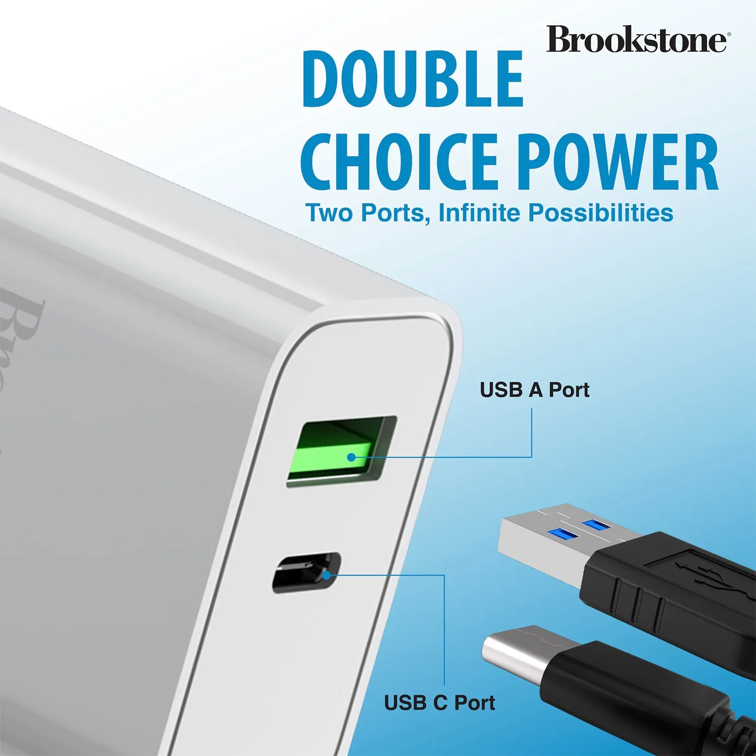 Brookstone Dual Port Fast Charging Adapter with 1 USB Type C & 1 USB A 20W Rapid Wall Charger For iPhone, Tablet, AirPods, Android, Smart Watches | Double Charger Block