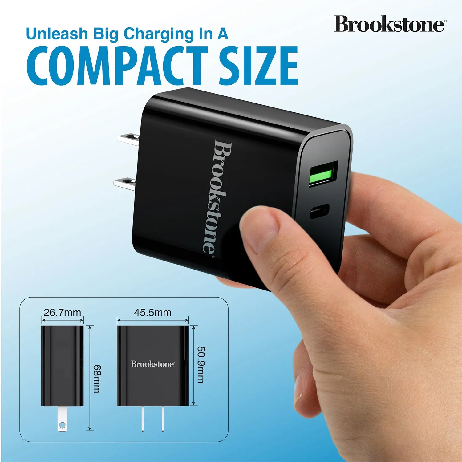 Brookstone Dual Port Fast Charging Adapter with 1 USB Type C & 1 USB A 20W Rapid Wall Charger For iPhone, Tablet, AirPods, Android, Smart Watches | Double Charger Block