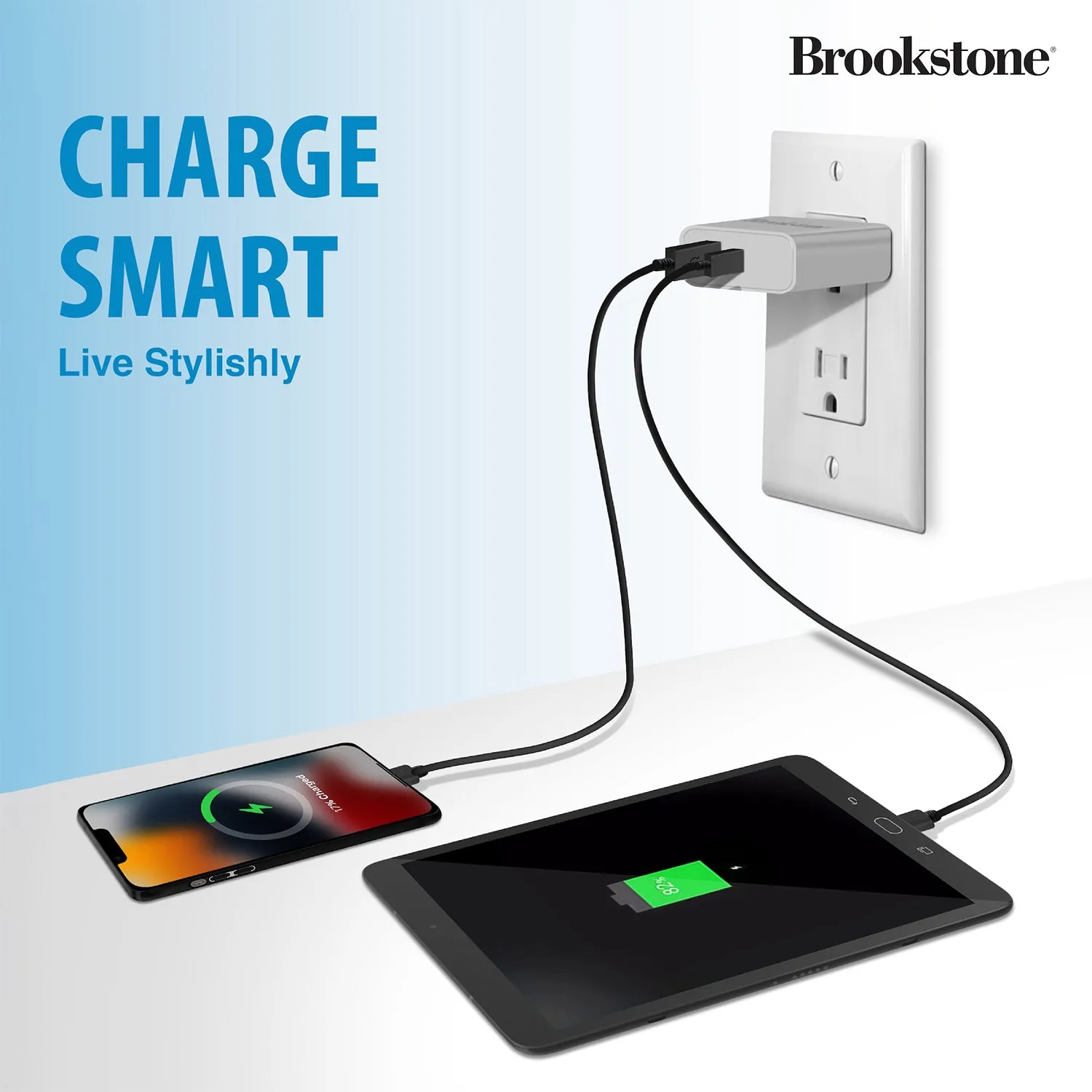 Brookstone Dual Port Fast Charging Adapter with 1 USB Type C & 1 USB A 20W Rapid Wall Charger For iPhone, Tablet, AirPods, Android, Smart Watches | Double Charger Block