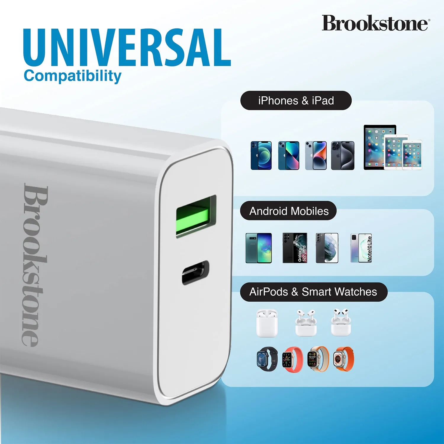 Brookstone Dual Port Fast Charging Adapter with 1 USB Type C & 1 USB A 20W Rapid Wall Charger For iPhone, Tablet, AirPods, Android, Smart Watches | Double Charger Block