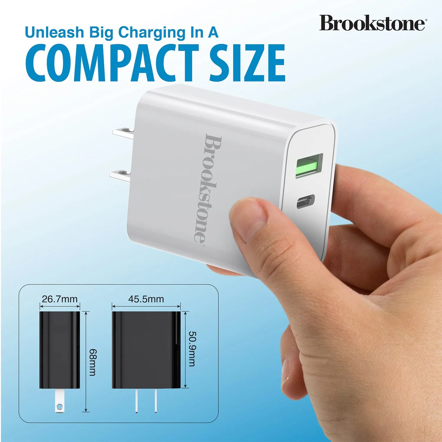 Brookstone Dual Port Fast Charging Adapter with 1 USB Type C & 1 USB A 20W Rapid Wall Charger For iPhone, Tablet, AirPods, Android, Smart Watches | Double Charger Block