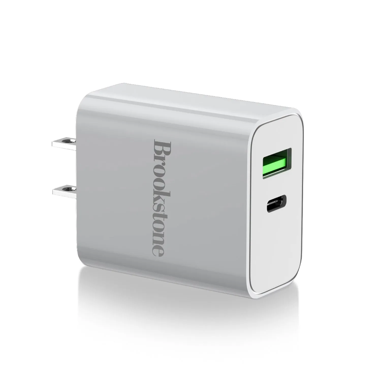 Brookstone Dual Port Fast Charging Adapter with 1 USB Type C & 1 USB A 20W Rapid Wall Charger For iPhone, Tablet, AirPods, Android, Smart Watches | Double Charger Block