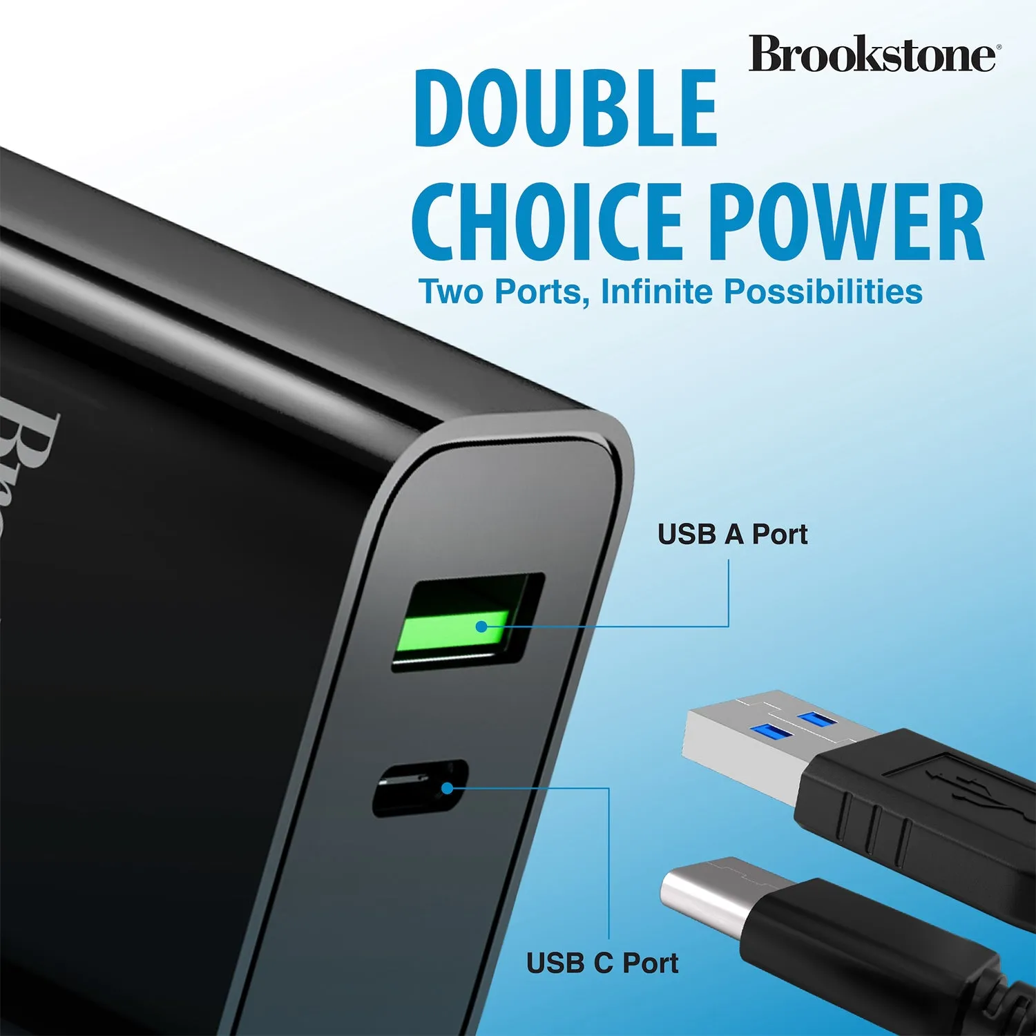 Brookstone Dual Port Fast Charging Adapter with 1 USB Type C & 1 USB A 20W Rapid Wall Charger For iPhone, Tablet, AirPods, Android, Smart Watches | Double Charger Block