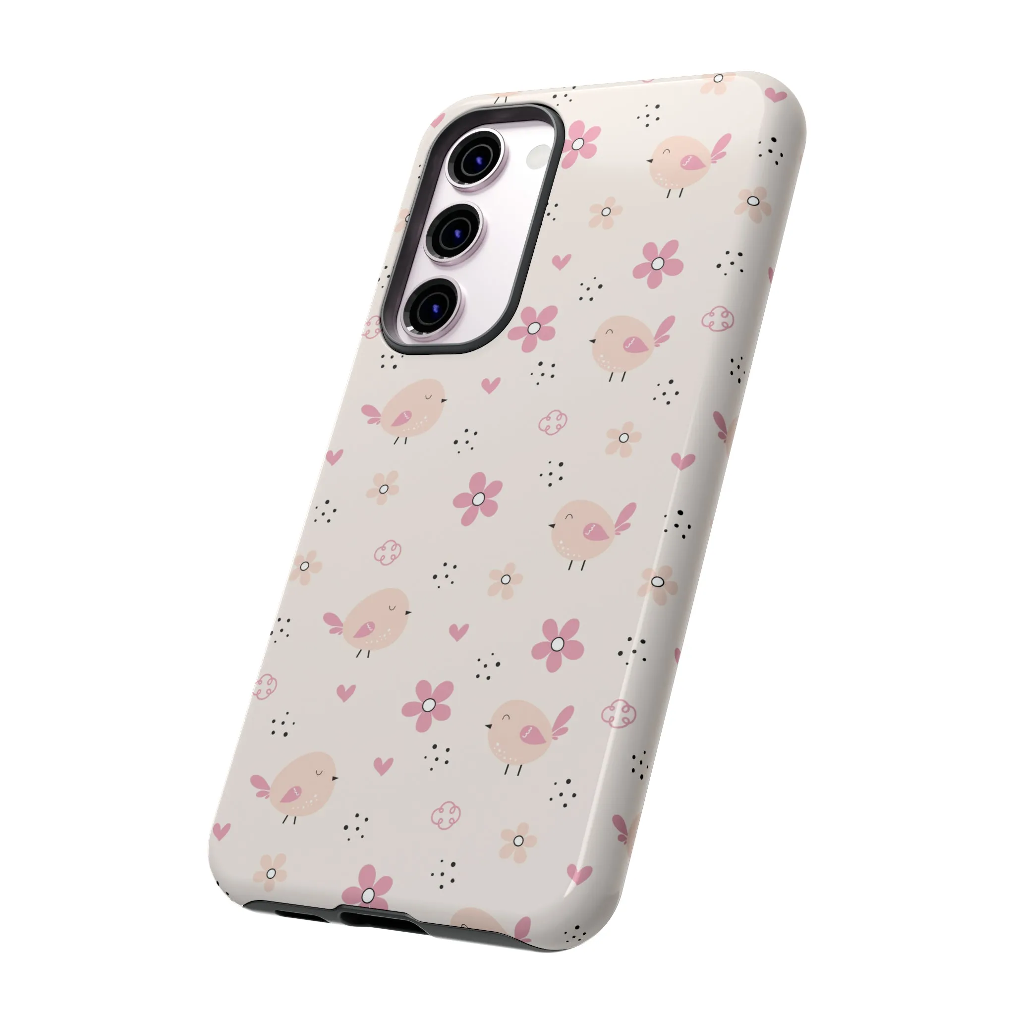 Cute Pink Birds and Flowers print design Tough Phone Case compatible with a large variety of Samsung models