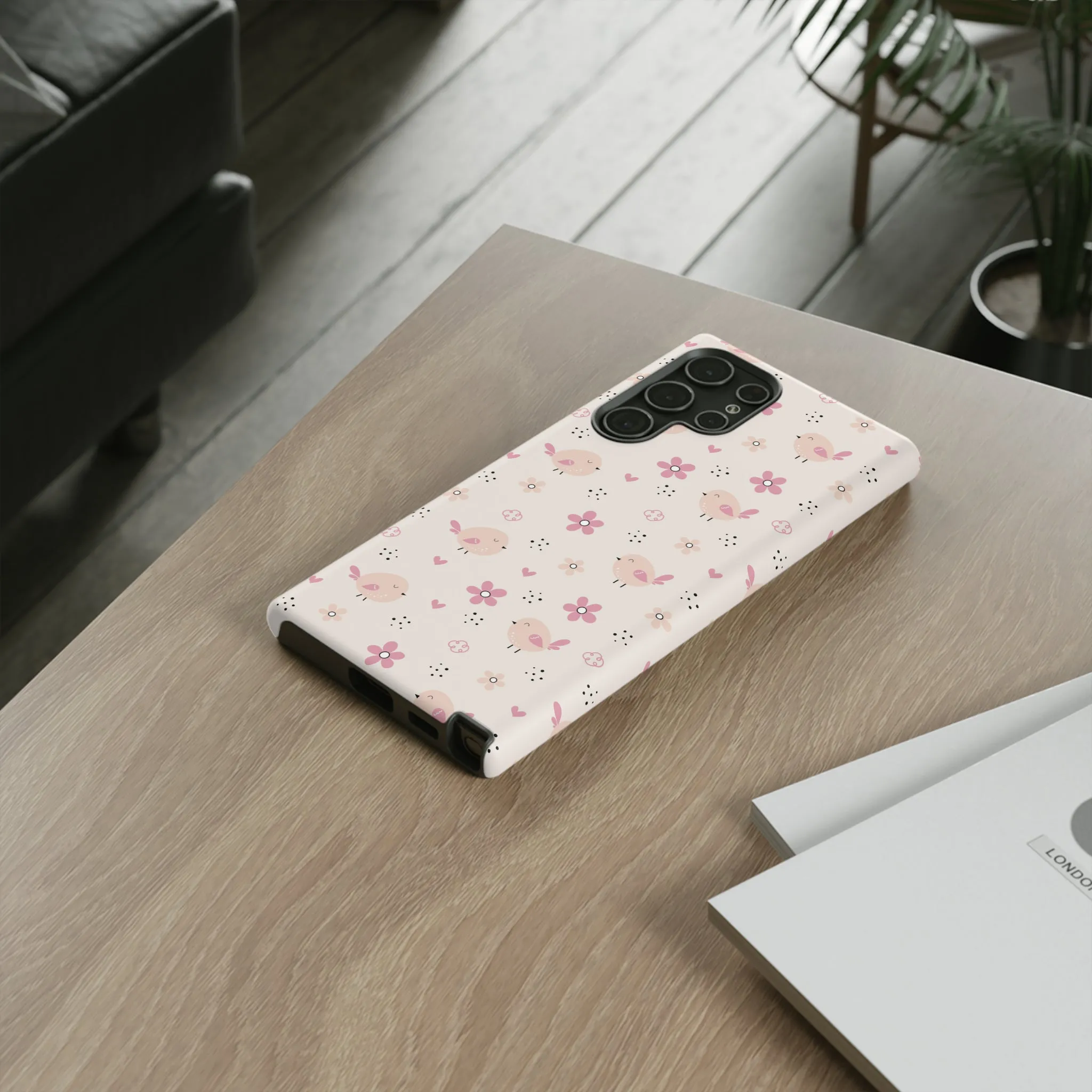 Cute Pink Birds and Flowers print design Tough Phone Case compatible with a large variety of Samsung models