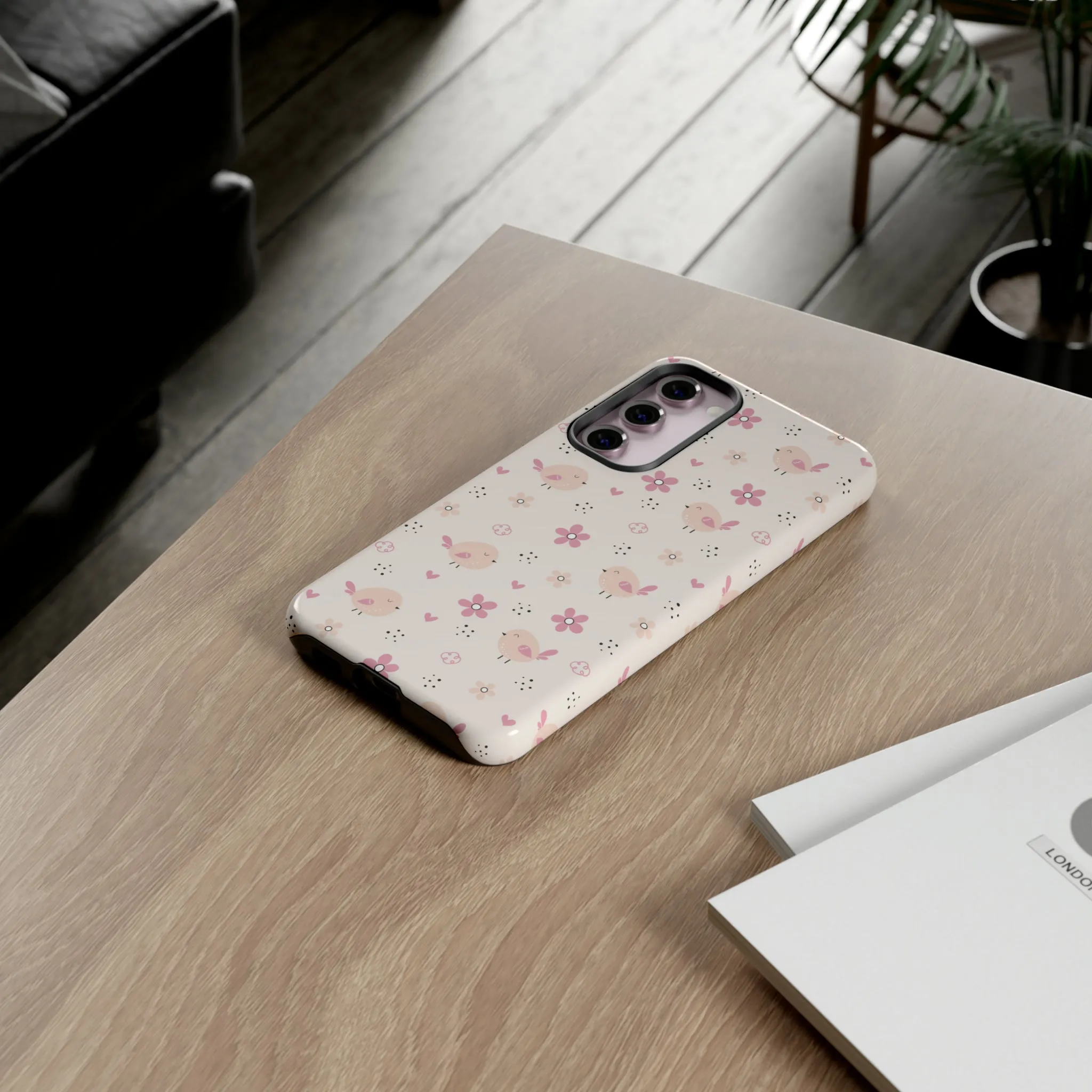 Cute Pink Birds and Flowers print design Tough Phone Case compatible with a large variety of Samsung models