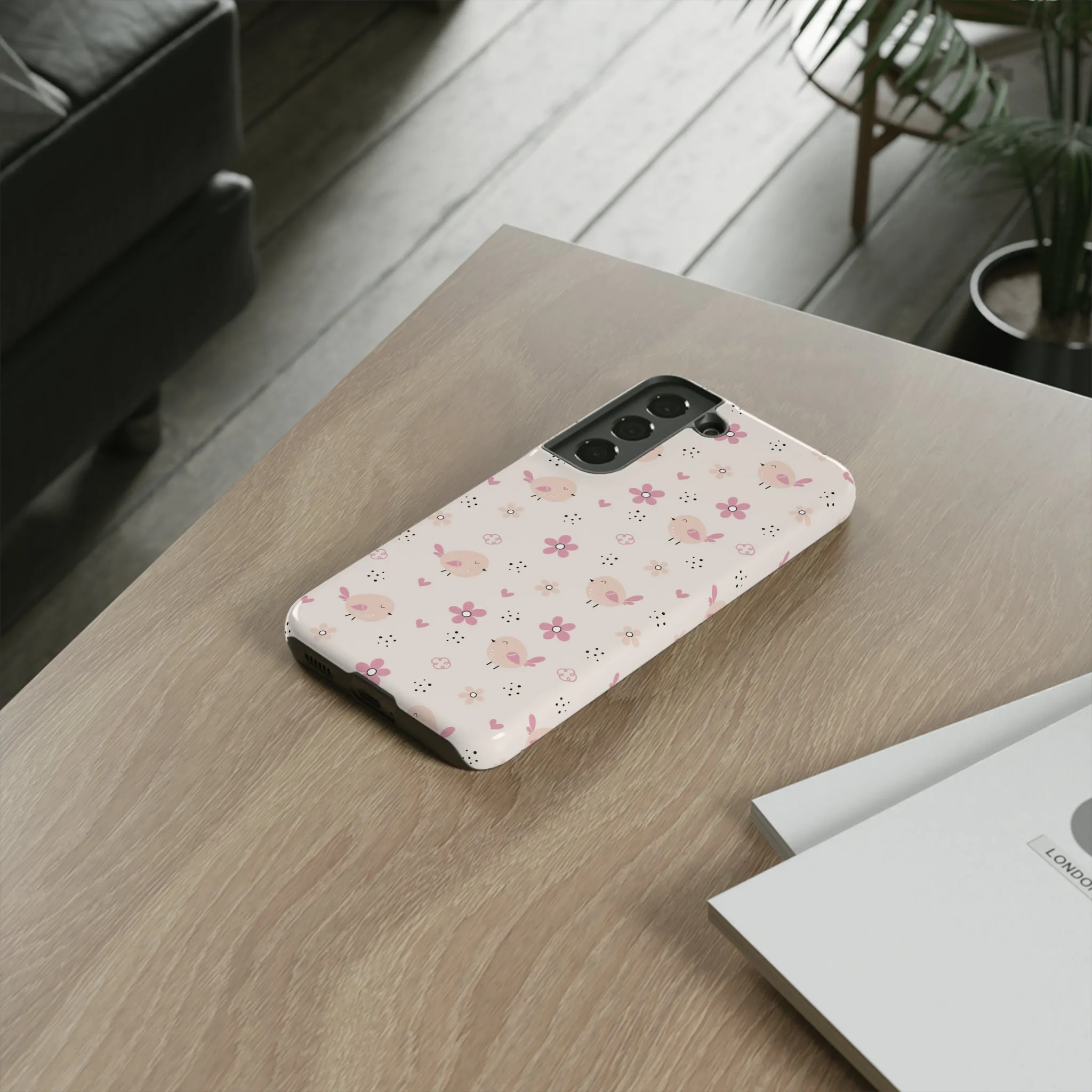 Cute Pink Birds and Flowers print design Tough Phone Case compatible with a large variety of Samsung models