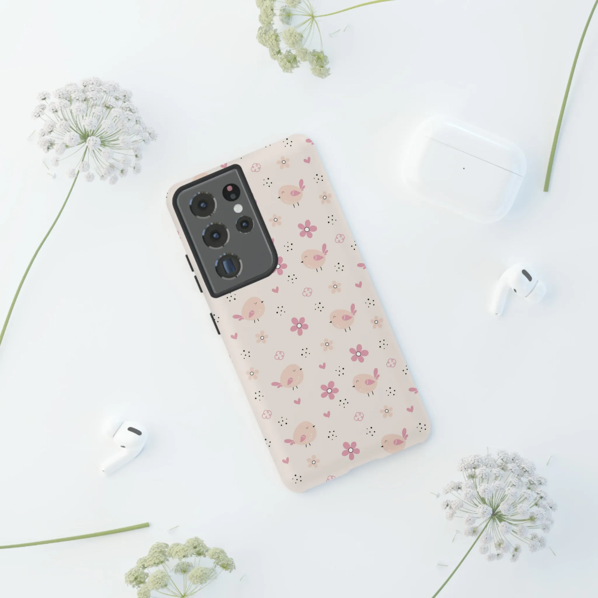 Cute Pink Birds and Flowers print design Tough Phone Case compatible with a large variety of Samsung models