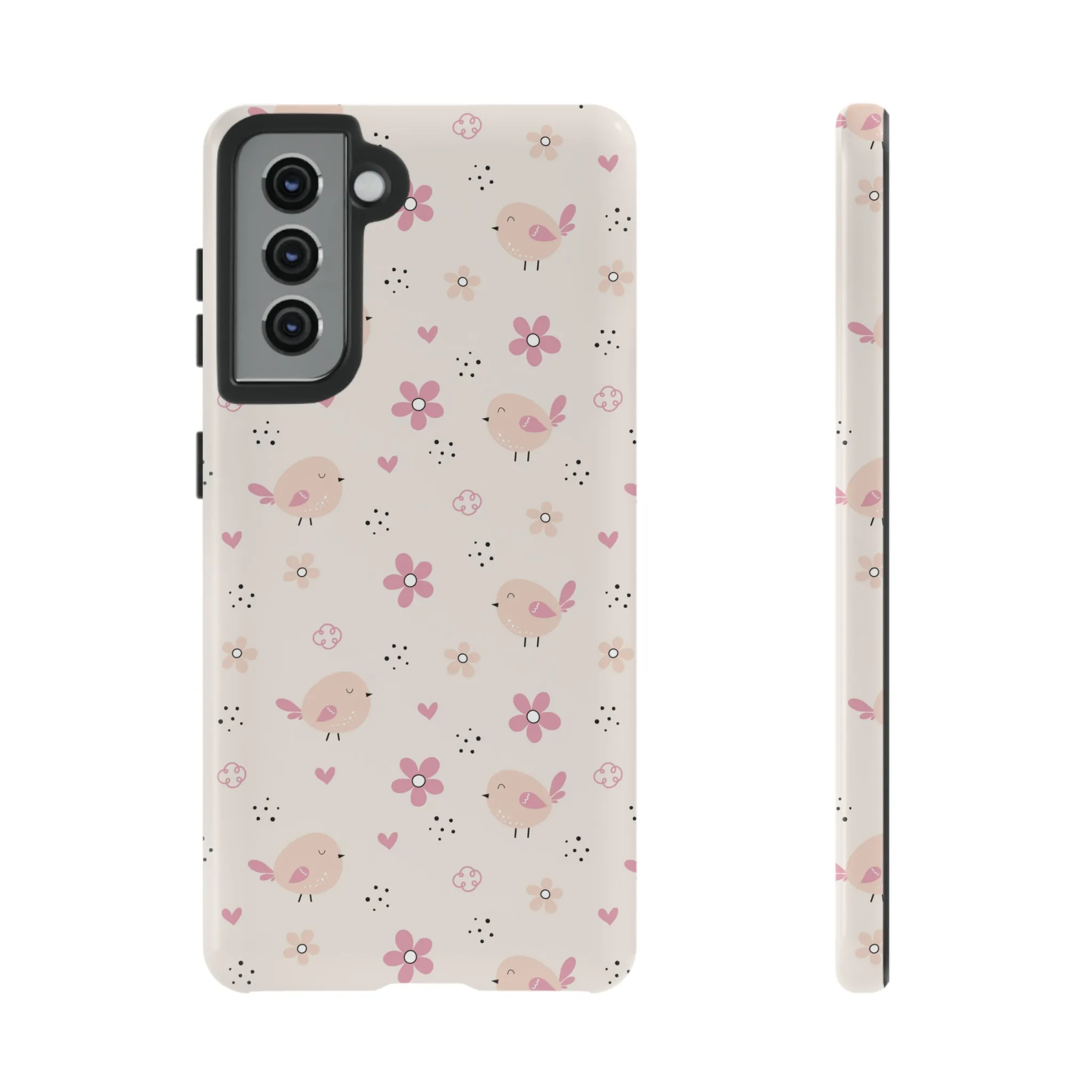 Cute Pink Birds and Flowers print design Tough Phone Case compatible with a large variety of Samsung models