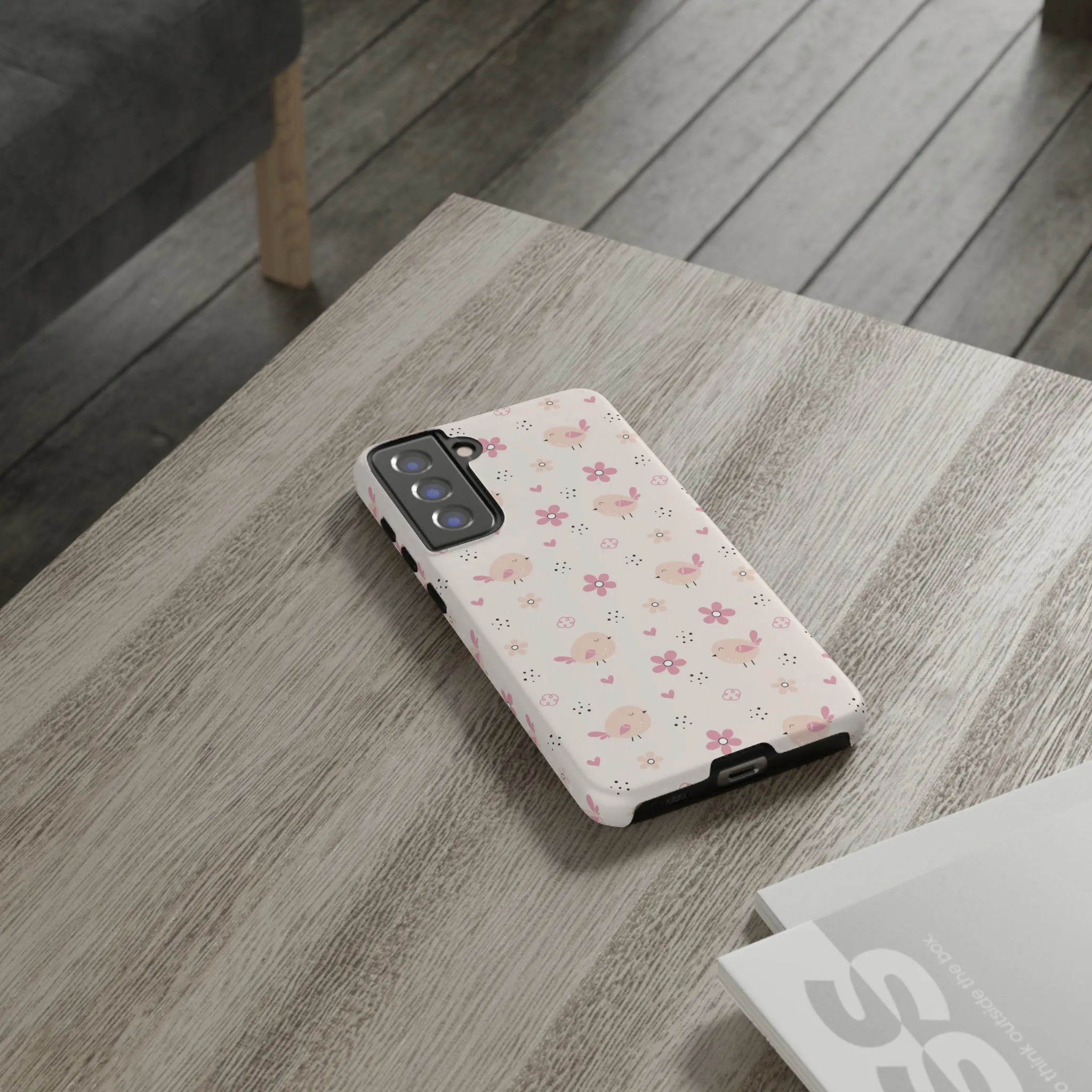 Cute Pink Birds and Flowers print design Tough Phone Case compatible with a large variety of Samsung models