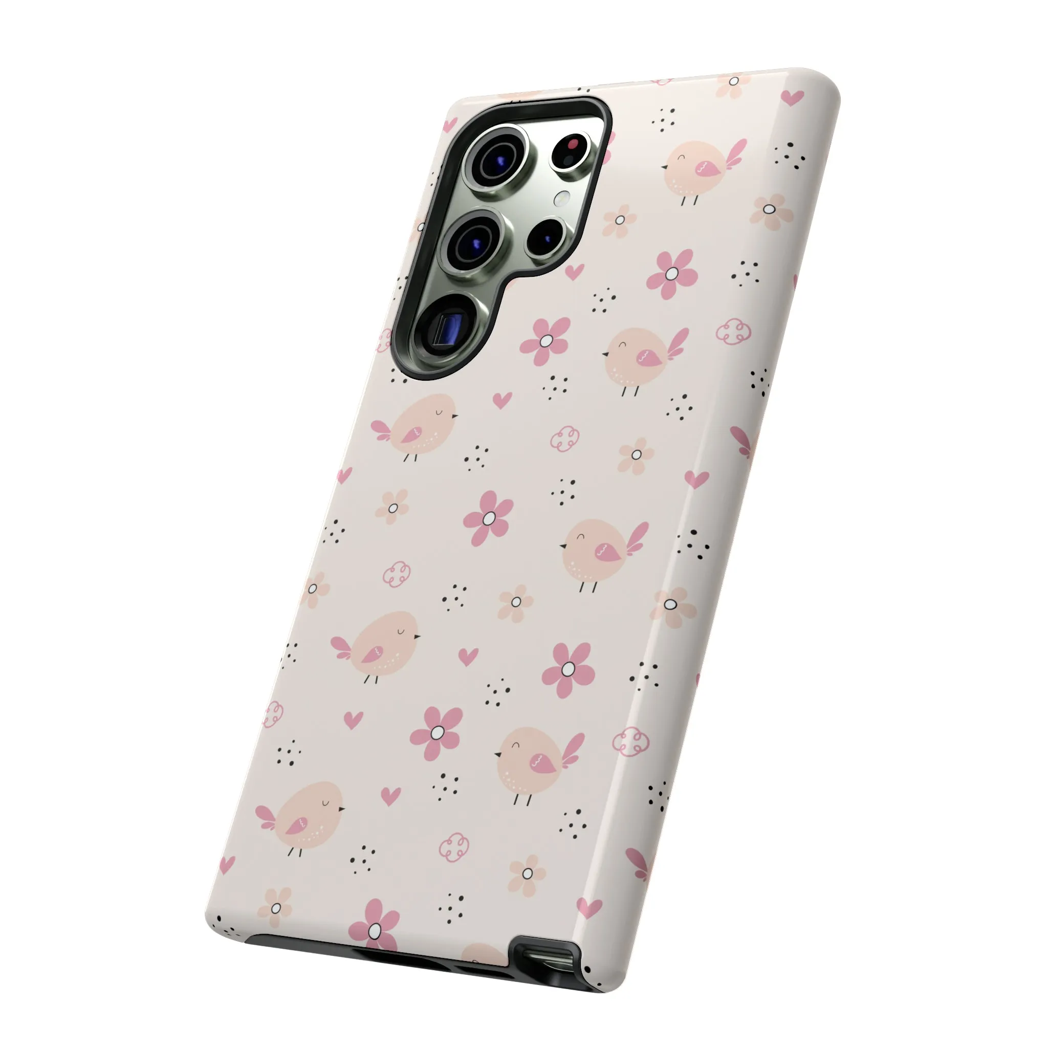 Cute Pink Birds and Flowers print design Tough Phone Case compatible with a large variety of Samsung models