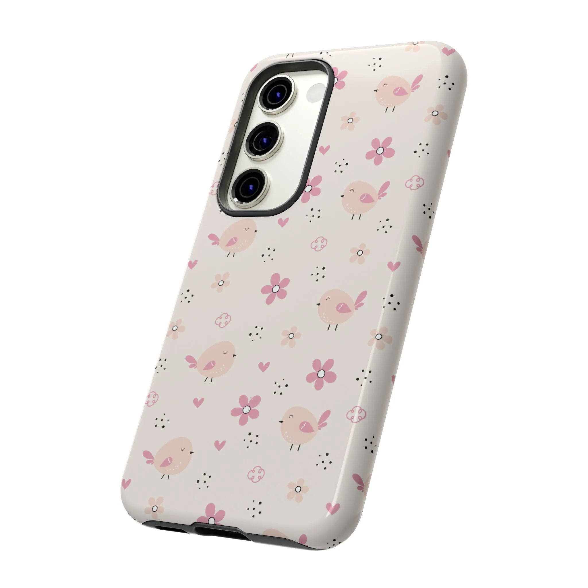 Cute Pink Birds and Flowers print design Tough Phone Case compatible with a large variety of Samsung models