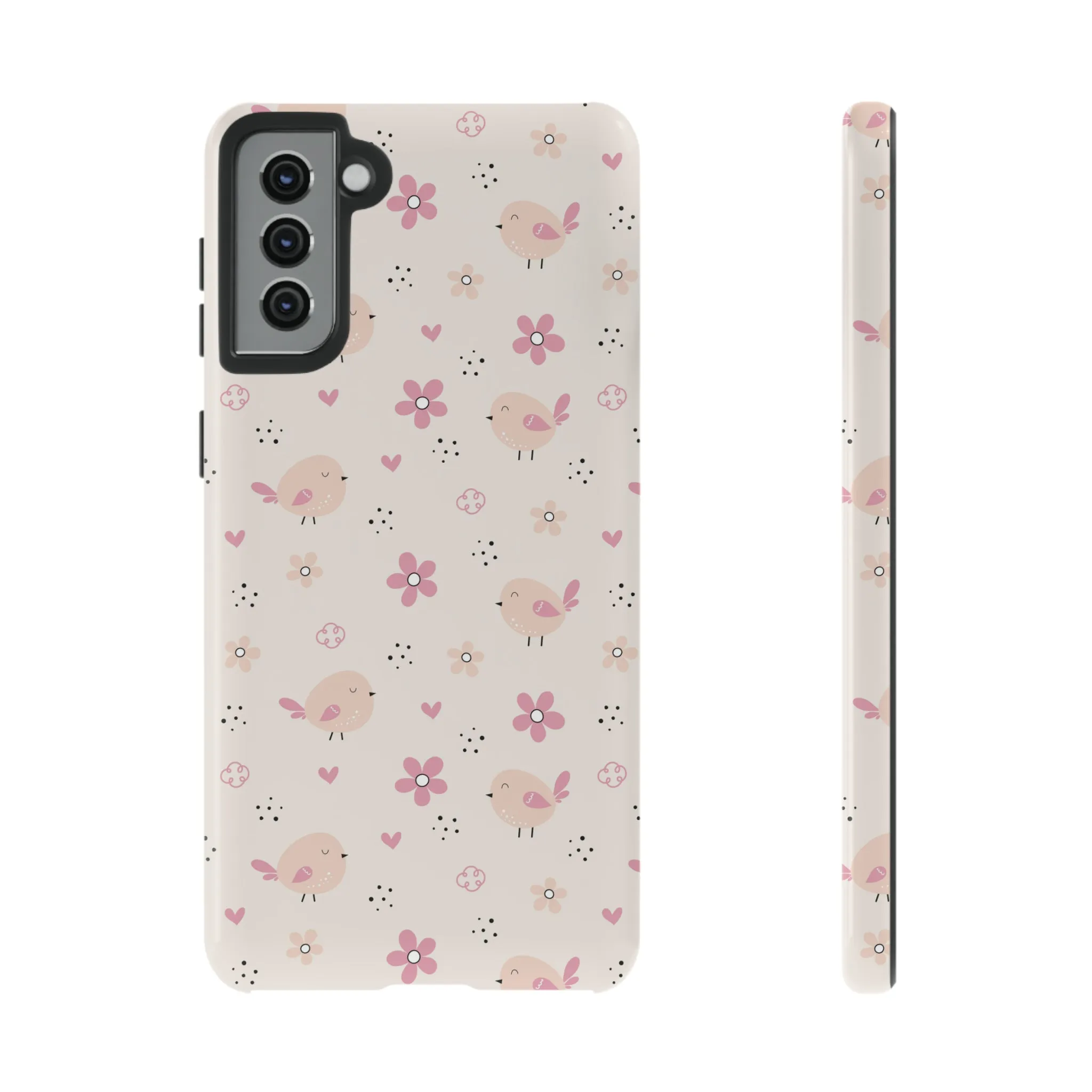 Cute Pink Birds and Flowers print design Tough Phone Case compatible with a large variety of Samsung models