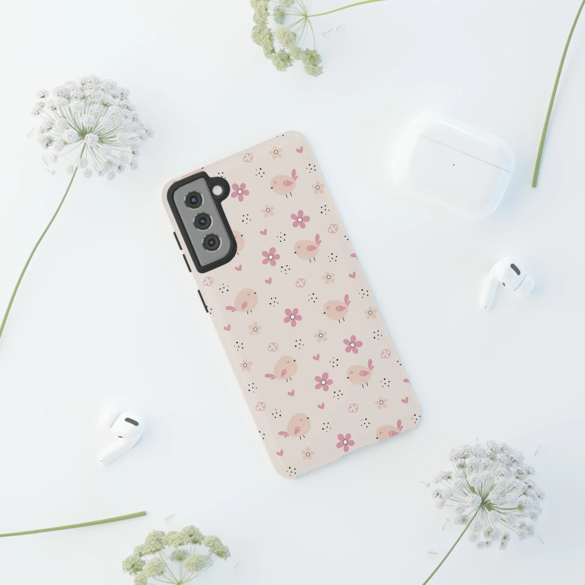 Cute Pink Birds and Flowers print design Tough Phone Case compatible with a large variety of Samsung models