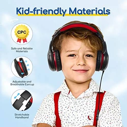 EarFun Kids Headphones Wired with Microphone, 85/94dB Volume Limit Headphones for Kids, Portable Wired Headphones with Shareport, Stereo Sound Foldable Headset for School/Tablet/iPad/Kindle, Black Red