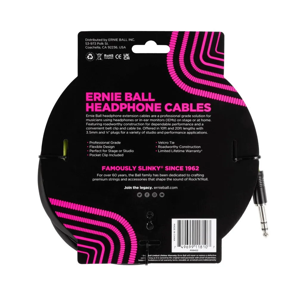 Ernie Ball EB6422 Headphone Extension Cable 1/4 To 3.5mm 10 Ft, Black