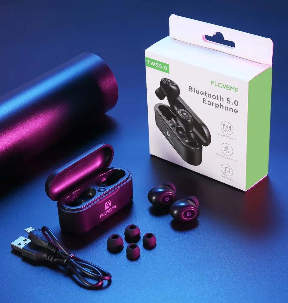 Floveme Mini Bluetooth Wireless Earphones with 3D Stereo Sound & Magnetic Charging Box