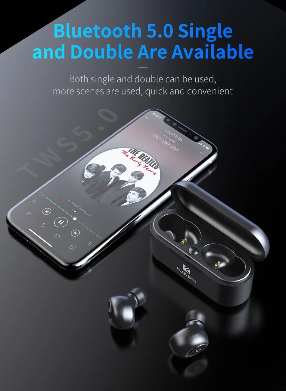 Floveme Mini Bluetooth Wireless Earphones with 3D Stereo Sound & Magnetic Charging Box