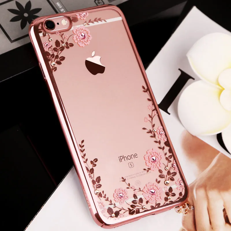 For iPhone 8 5S SE 6 6S Plus 7 Plus Case Luxury Flower Flora Bling Diamond Rhinestone Clear Soft TPU Cover For iPhone 7 Case