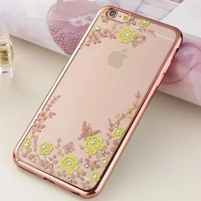 For iPhone 8 5S SE 6 6S Plus 7 Plus Case Luxury Flower Flora Bling Diamond Rhinestone Clear Soft TPU Cover For iPhone 7 Case