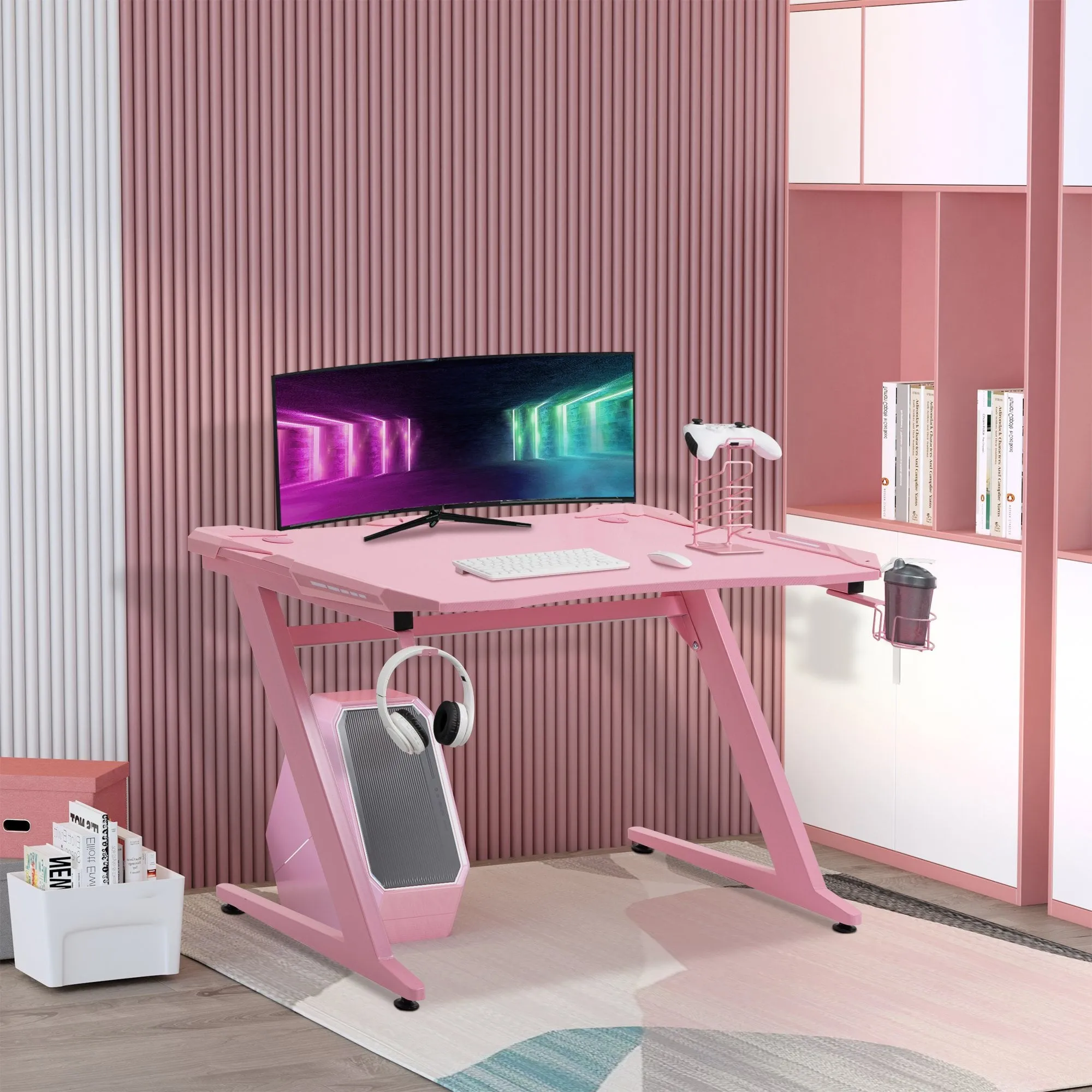 gaming Desk Computer Writing Table with Large Workstation for Home Office, 122 x 66 x 86cm, Pink Office