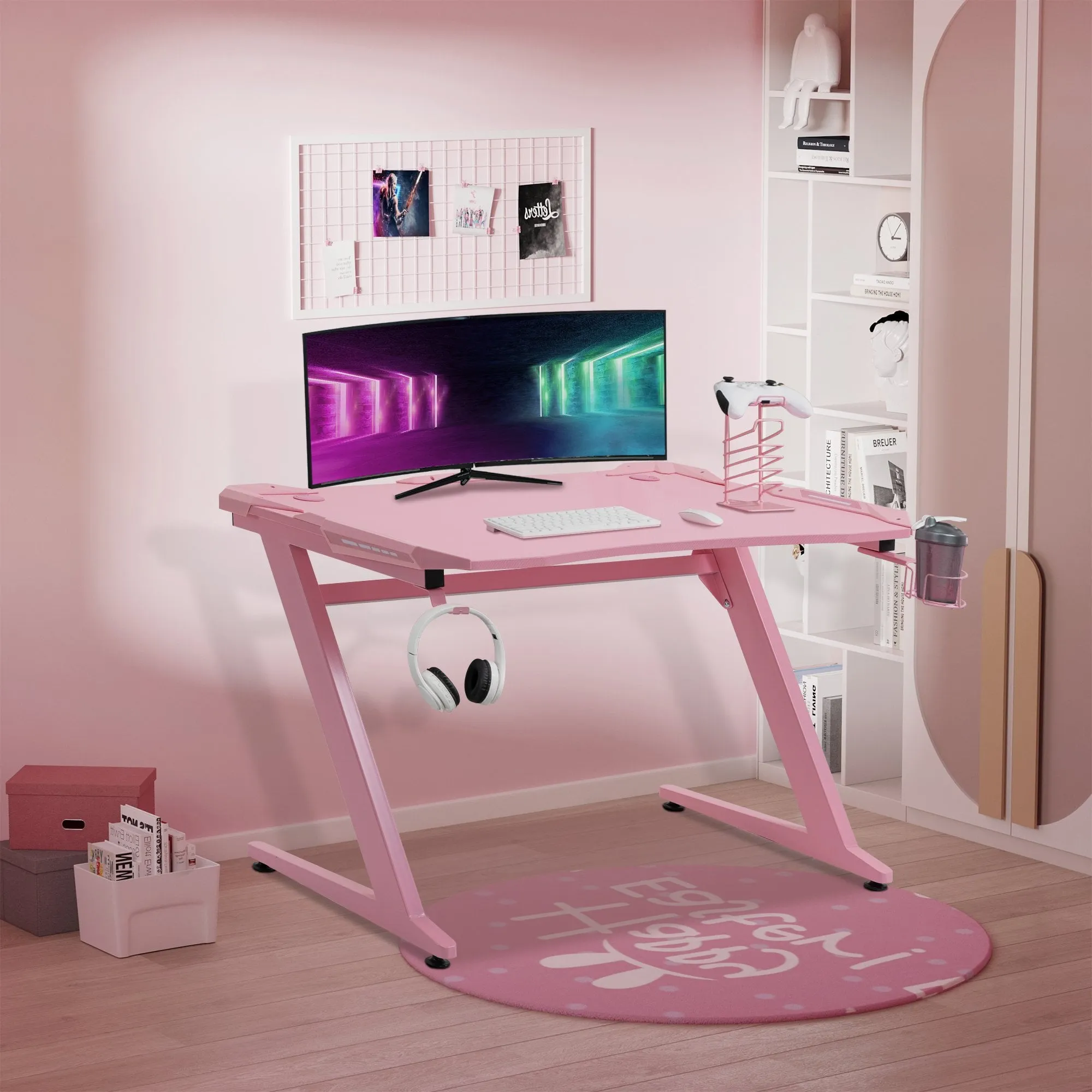 gaming Desk Computer Writing Table with Large Workstation for Home Office, 122 x 66 x 86cm, Pink Office