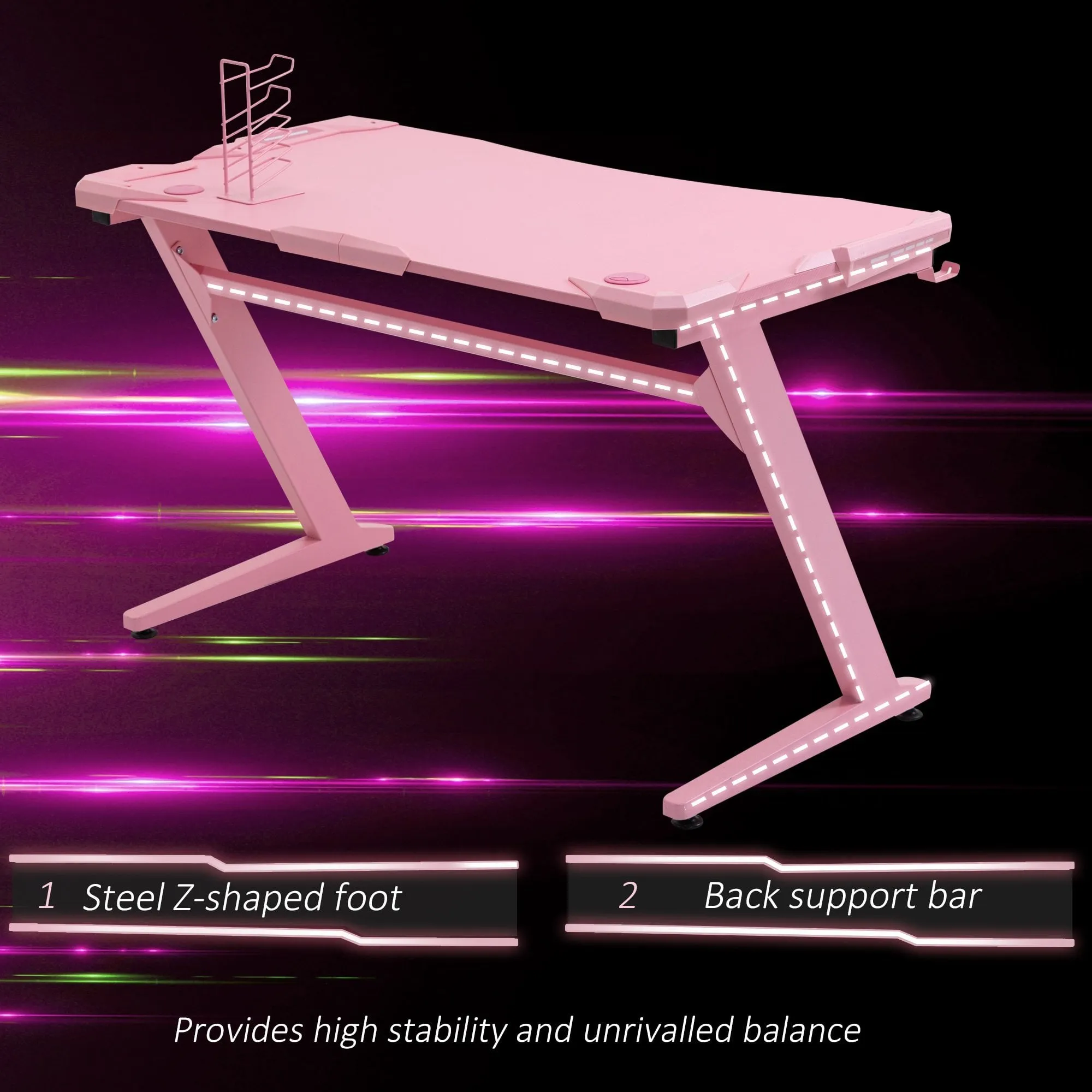 gaming Desk Computer Writing Table with Large Workstation for Home Office, 122 x 66 x 86cm, Pink Office