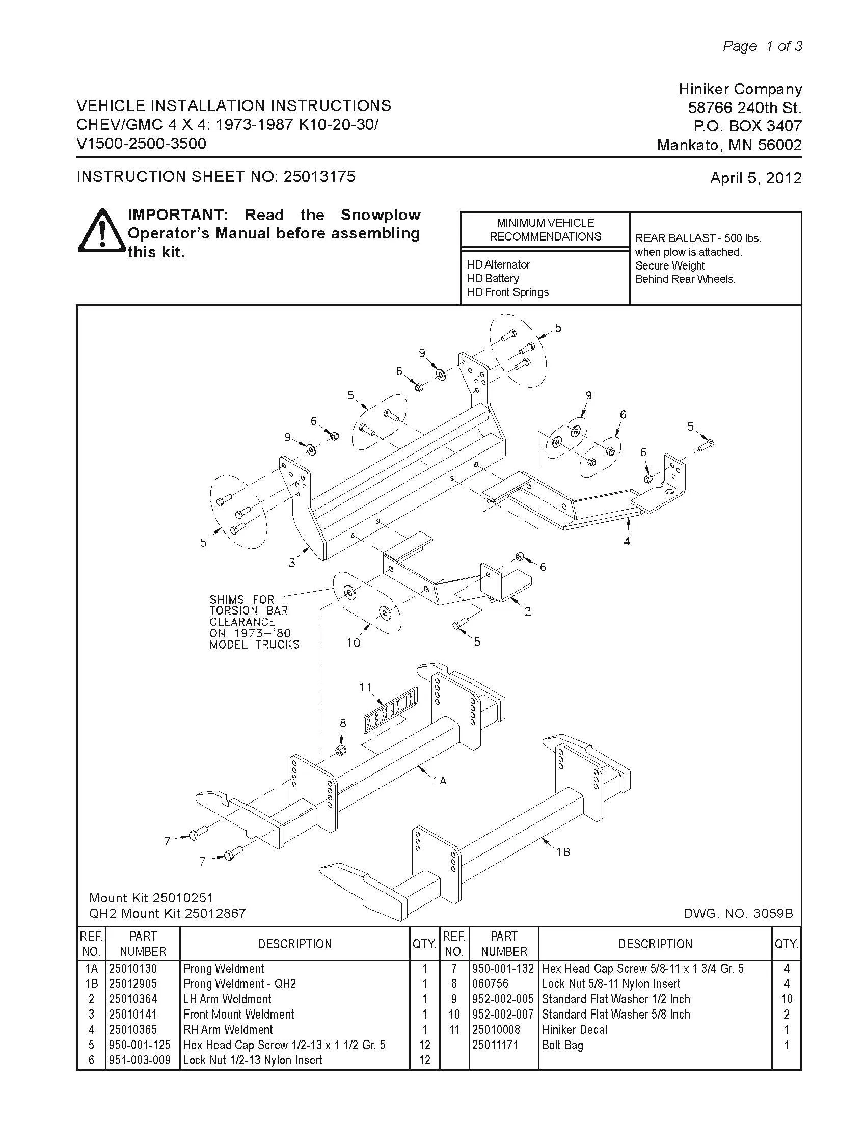 Hiniker Snowplow Mount - Quick Hitch 1 (QH1), 1973-1987 GM/Chevy K10-30/V1500-3500, 25010251