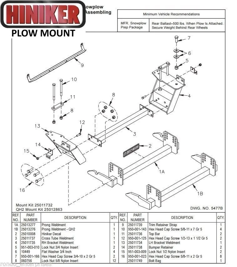 Hiniker Snowplow Mount - Quick Hitch 1 (QH1), 2005-2007 Ford 4x4 F250-F550, 25011732