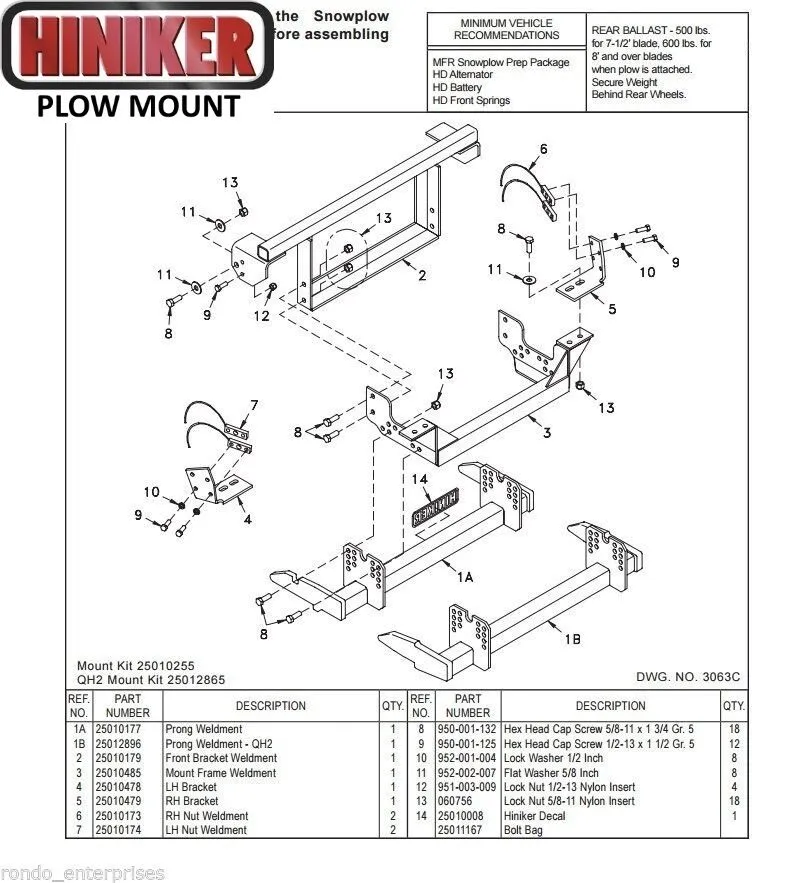 Hiniker Snowplow Mount - Quick Hitch 2 (QH2), 1992-1998 Ford F250-350, 25012865