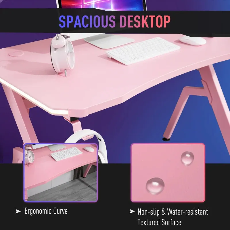 HOMCOM Gaming Desk with LED Lighting Strip 120cm Pink