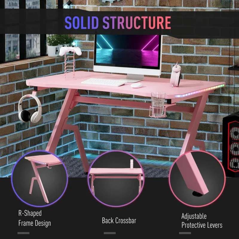 HOMCOM Gaming Desk with LED Lighting Strip 120cm Pink