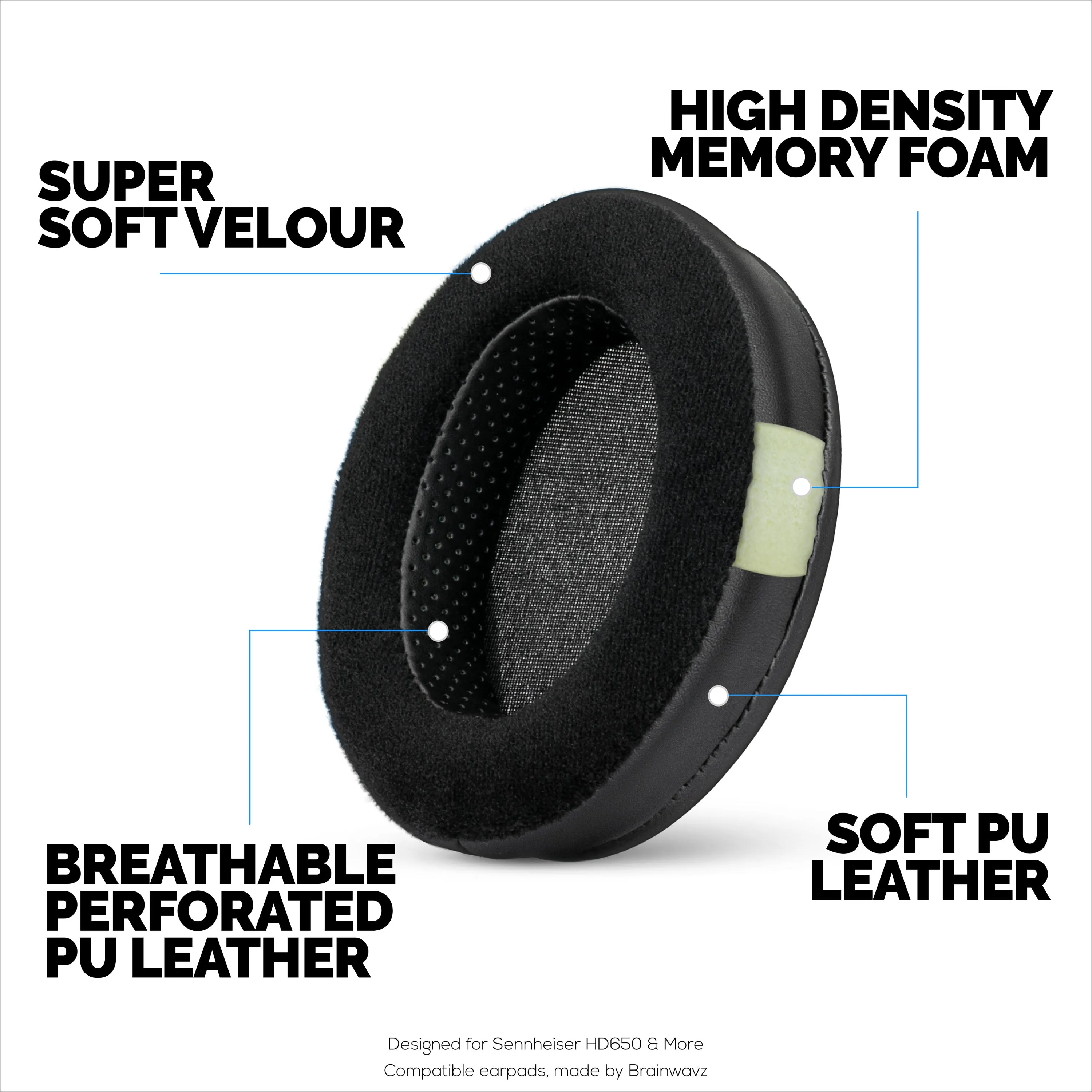 Hybrid Thick Earpads for Sennheiser HD600, HD650, HD660S, HD525, HD535, HD545, & Massdrop HD58X, HD6XX Headphones - Memory Foam with Velour & PU Leather Hybrid Material