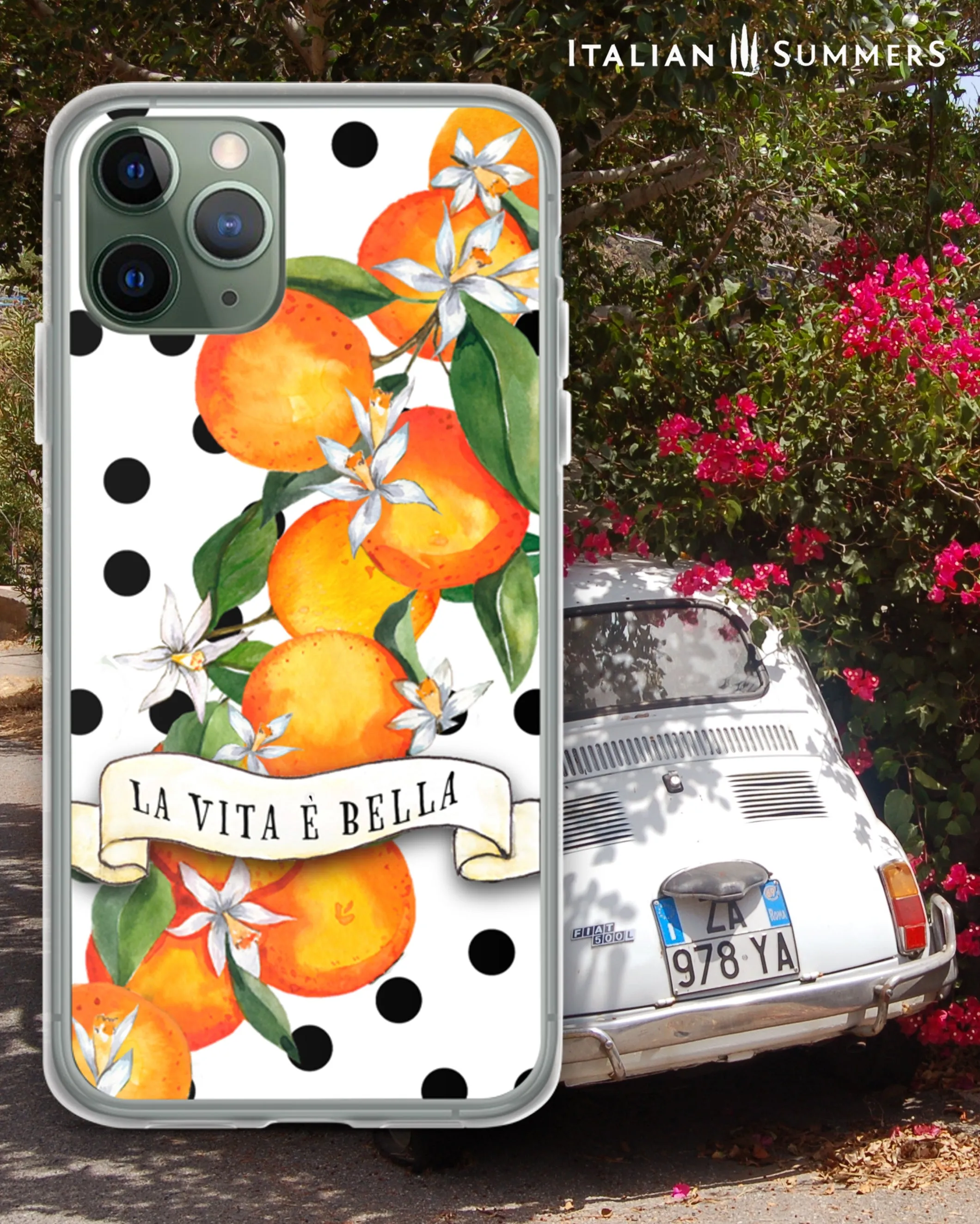 iPhone Case SICILIAN GARDEN white polka dots, Sicilian oranges, La Vita E' Bella