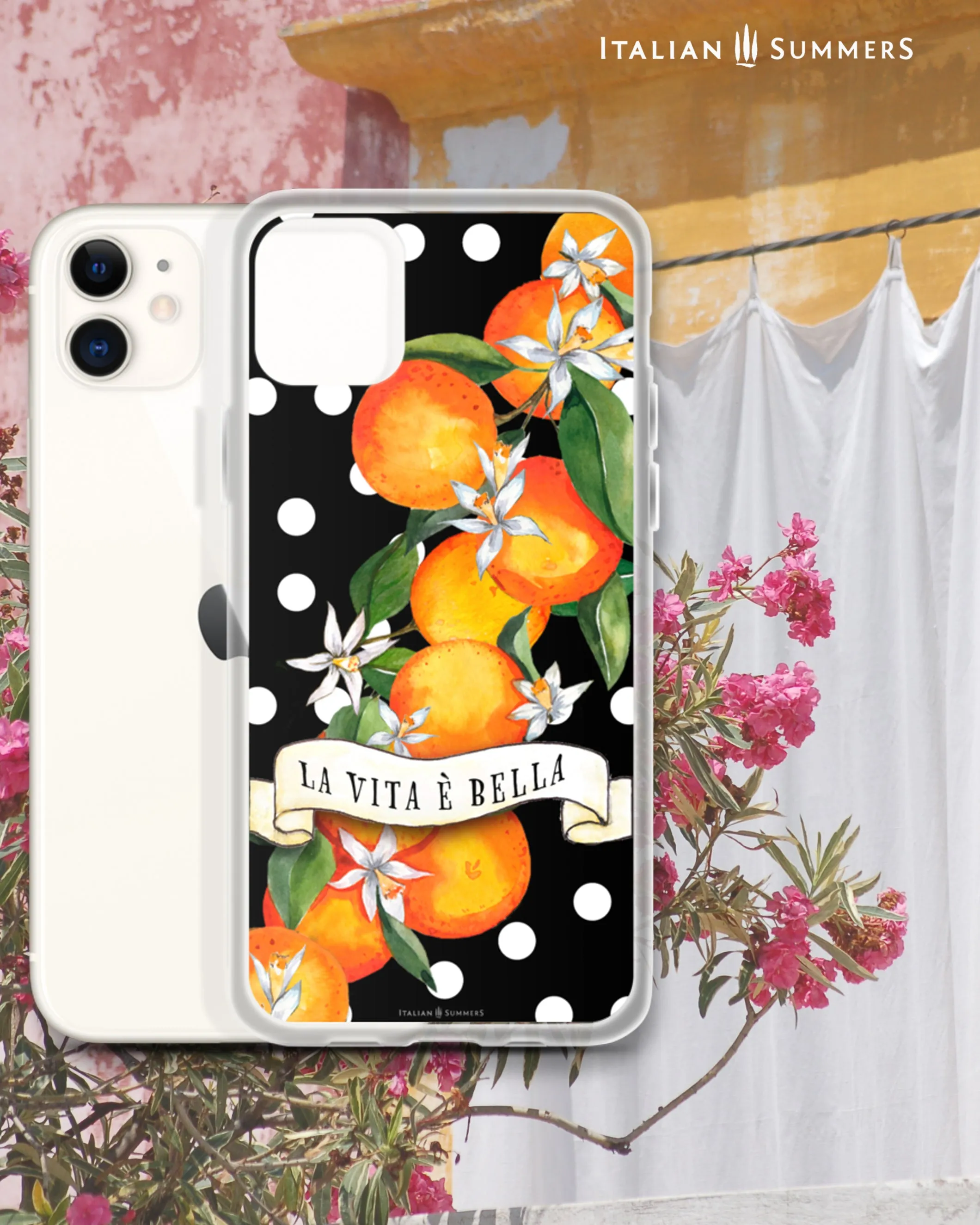 iPhone Case SICILIAN GARDEN white polka dots, Sicilian oranges, La Vita E' Bella